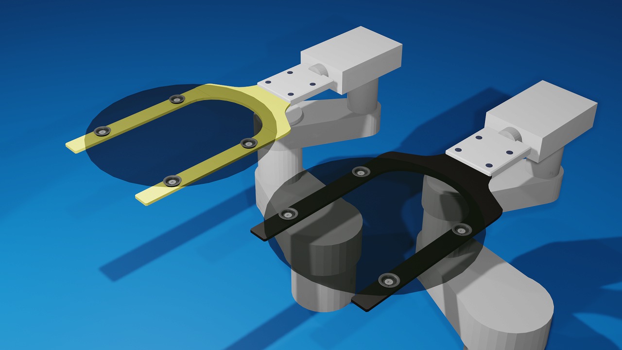 로봇 암 끝에 달린 진공 패드가 얇은 웨이퍼를 흡착하여 들어 올리는 핸들링 메커니즘 도해